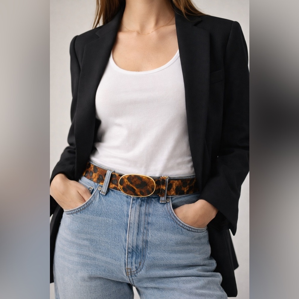 Zara Leather Leopard Print Belt With Oval Animal Print Buckle